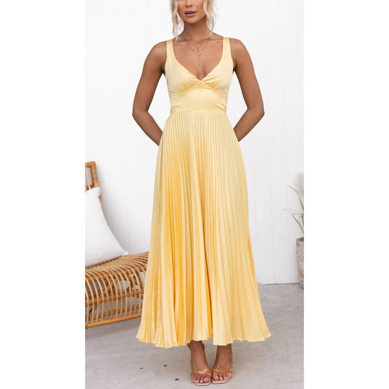 Aby - Gul maksi kleita ar plisētu V-veida izgriezumu